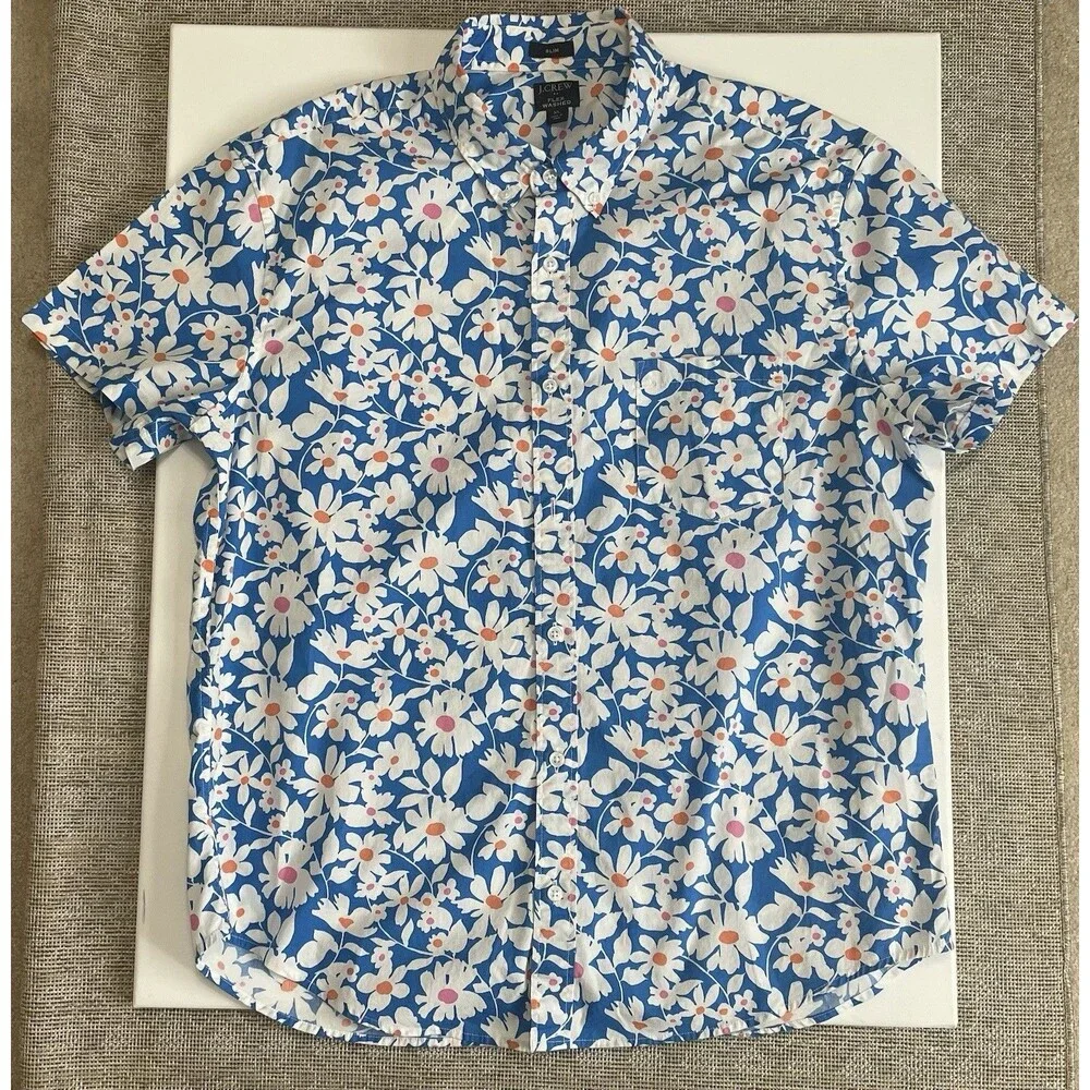 J. Crew Flex Washed Slim Shirt Men’s XL Blue Floral Button Up Cotton Stretch
